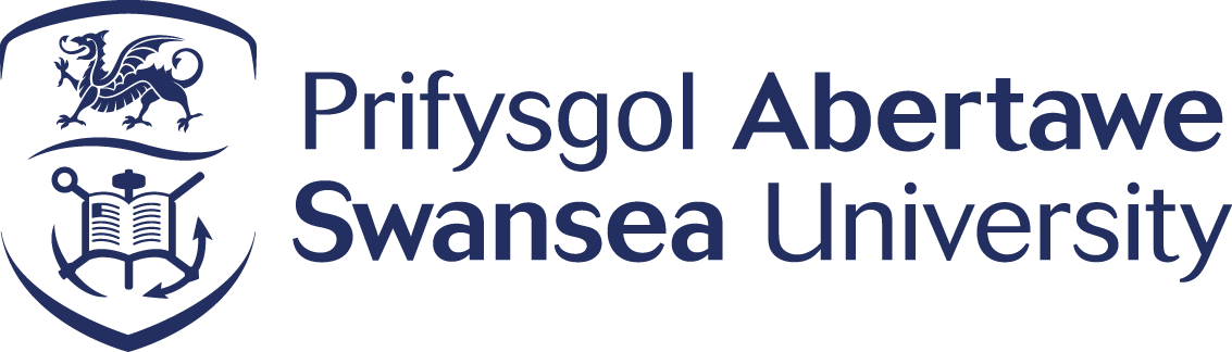 Geiriau glas Prifysgol Abertawe - Swansea University - gydag arfbais gyda draig a llyfr