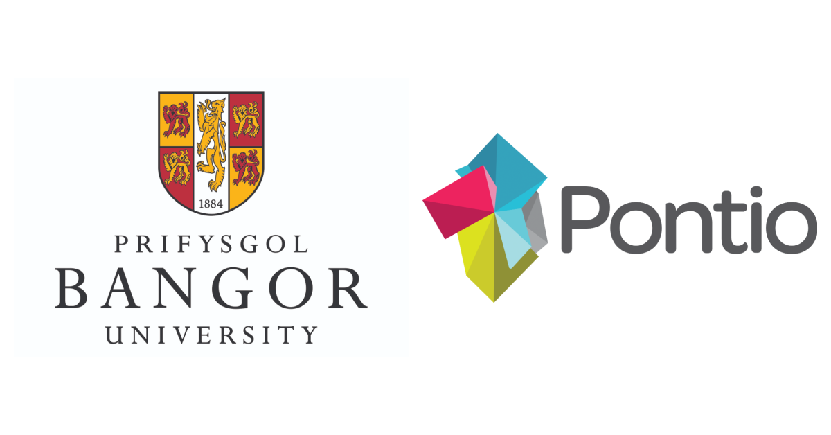 Logo Prifysgol Bangor gyda darian goch ac aur a'r testun dwyieithog 'Prifysgol Bangor University'. Gerllaw, logo Pontio gyda siapiau geometrig lliwgar a'r gair 'Pontio' mewn llwyd