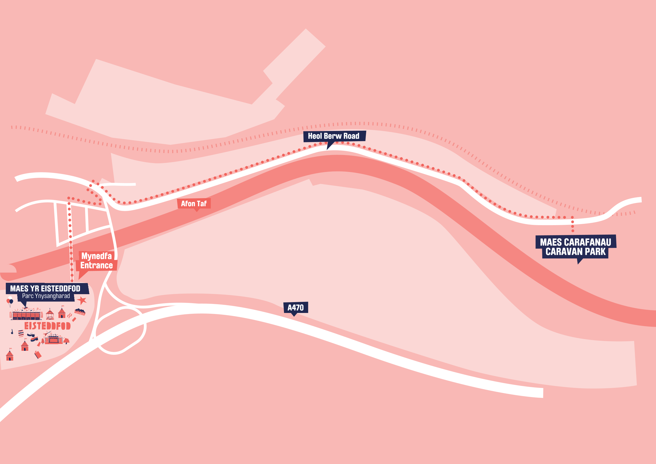 Llwybr cerdded dynodedig o'r maes carafanau i ganol Pontypridd ar hyd Heol Berw, Eisteddfod 2024