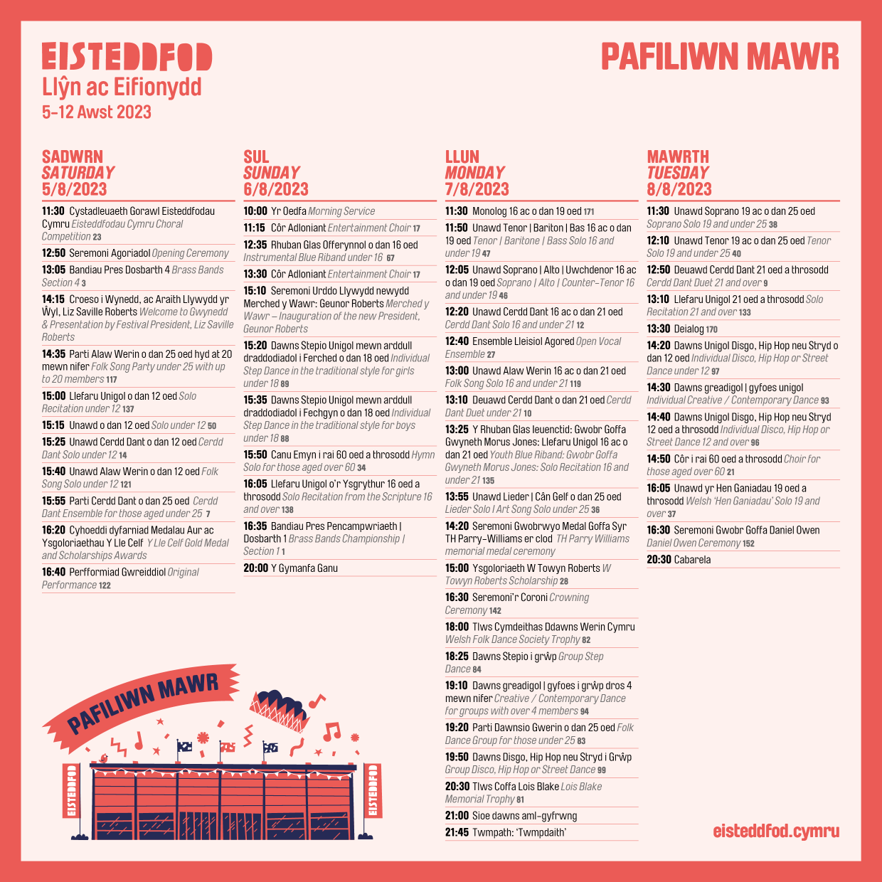 Pafiliwn Mawr 2023 Saturday - Tuesday