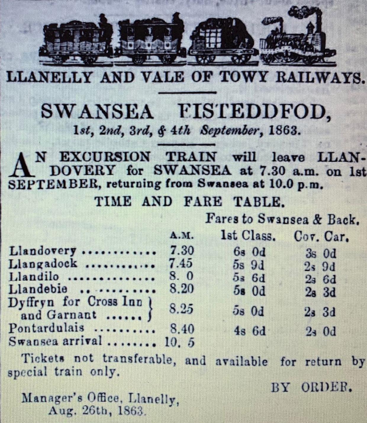 Hysbyseb ar gyfer y trenau arbennig a oedd yn rhedeg i'r Eisteddfod yn Abertawe yn 1863     