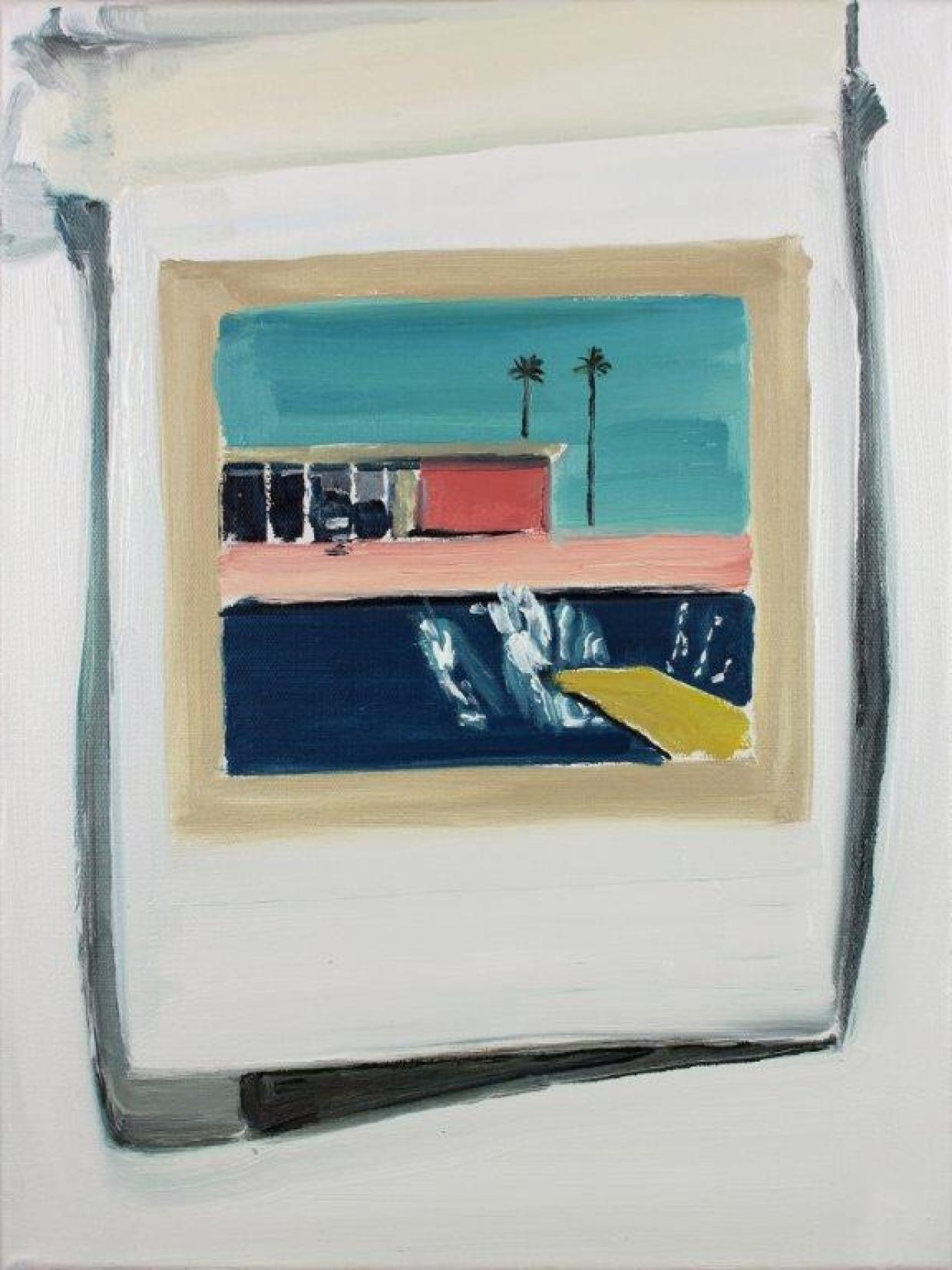 Lara Davies  Cerdyn post ‘A Bigger Splash’ gan David Hockney ar wal fy stiwdio (olew ar gynfas) www.laradavies.com