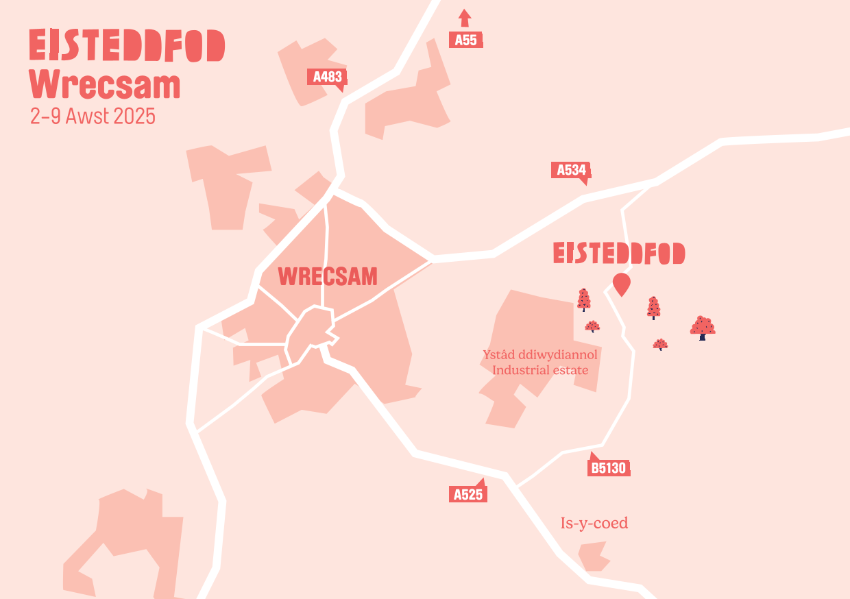 map lleoliad Eisteddfod Wrecsam ar gefndir pinc