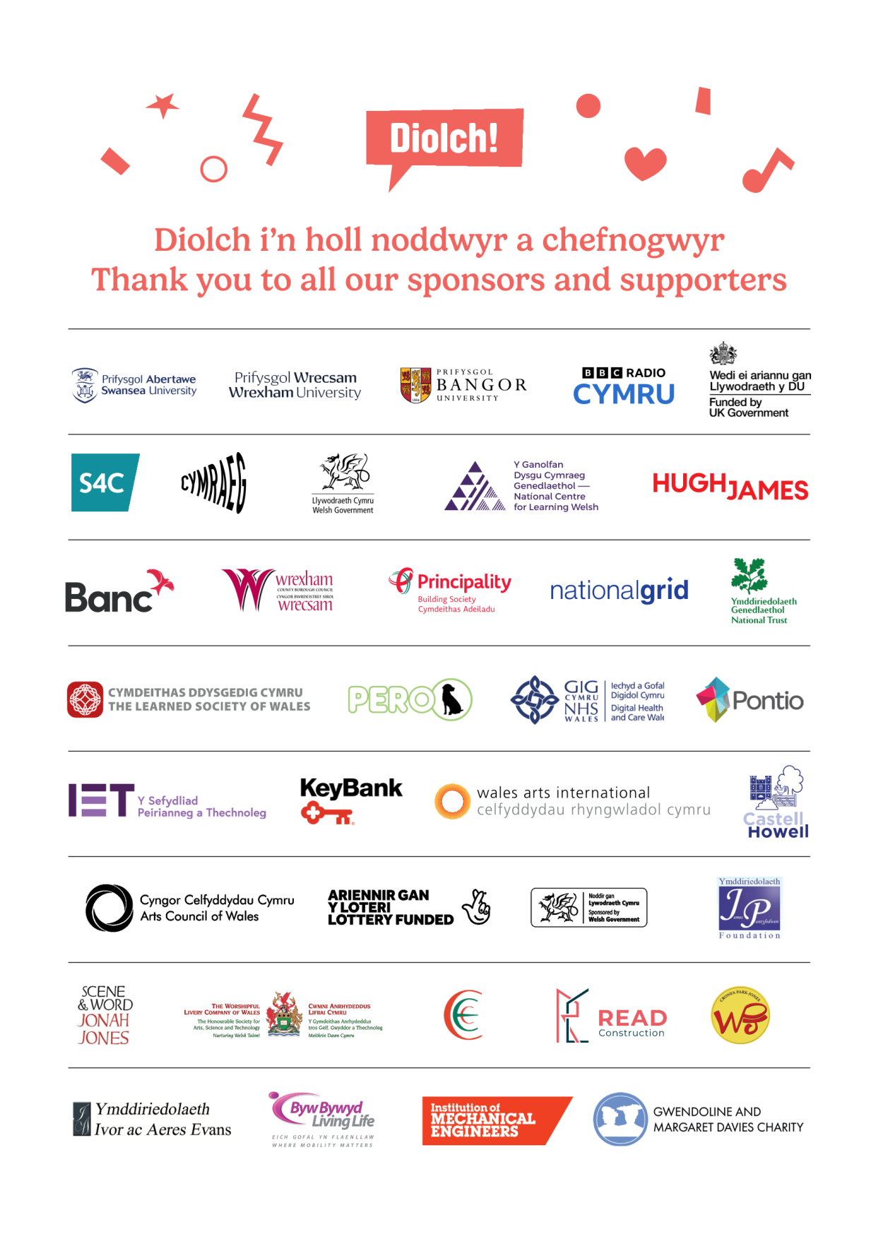 Thank you to all our sponsors and supporters', followed by a grid of logos from various sponsors and supporters including universities, media outlets, government bodies, charities, and companies such as Swansea University, BBC Radio Cymru, UK Government, S4C, National Trust, NHS Cymru, and Arts Council of Wales
