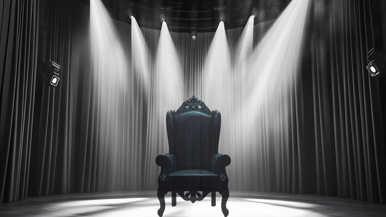 A black chair on a concert stage | Cadair ddu ar lwyfan gyngerdd