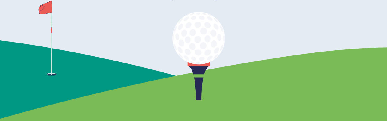 Blue background representing the sky, with green hills with a red flag and golf ball in the centre of the image. Blue writing with the wording 'Cystadleuaeth Golf' with the date 07/08/25 centralised) 